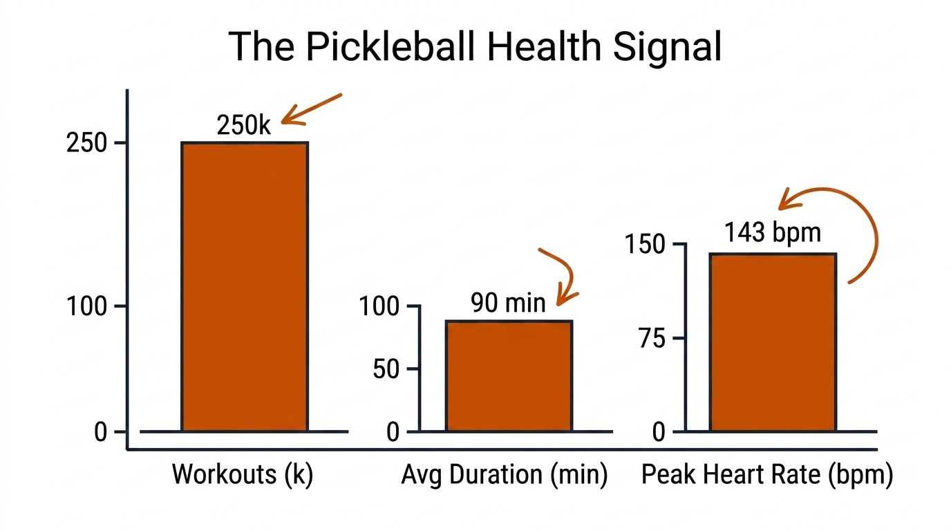 Apple Heart and Movement Study chart: pickleball versus tennis workout duration and peak heart rate across 250,000+ workouts.