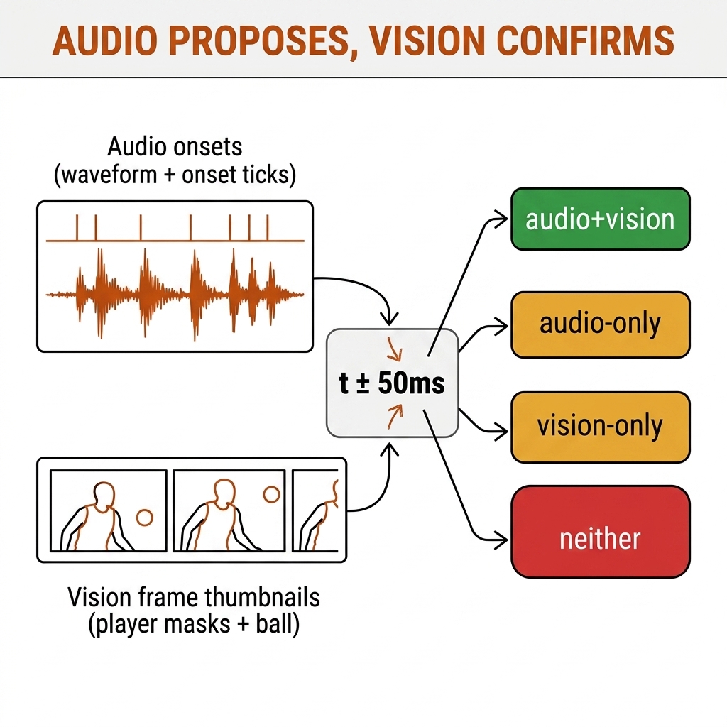 Audio-vision fusion: onsets into t±50ms junction, vision frames into same, four confidence states. Recreate: white background, burnt-orange banner.