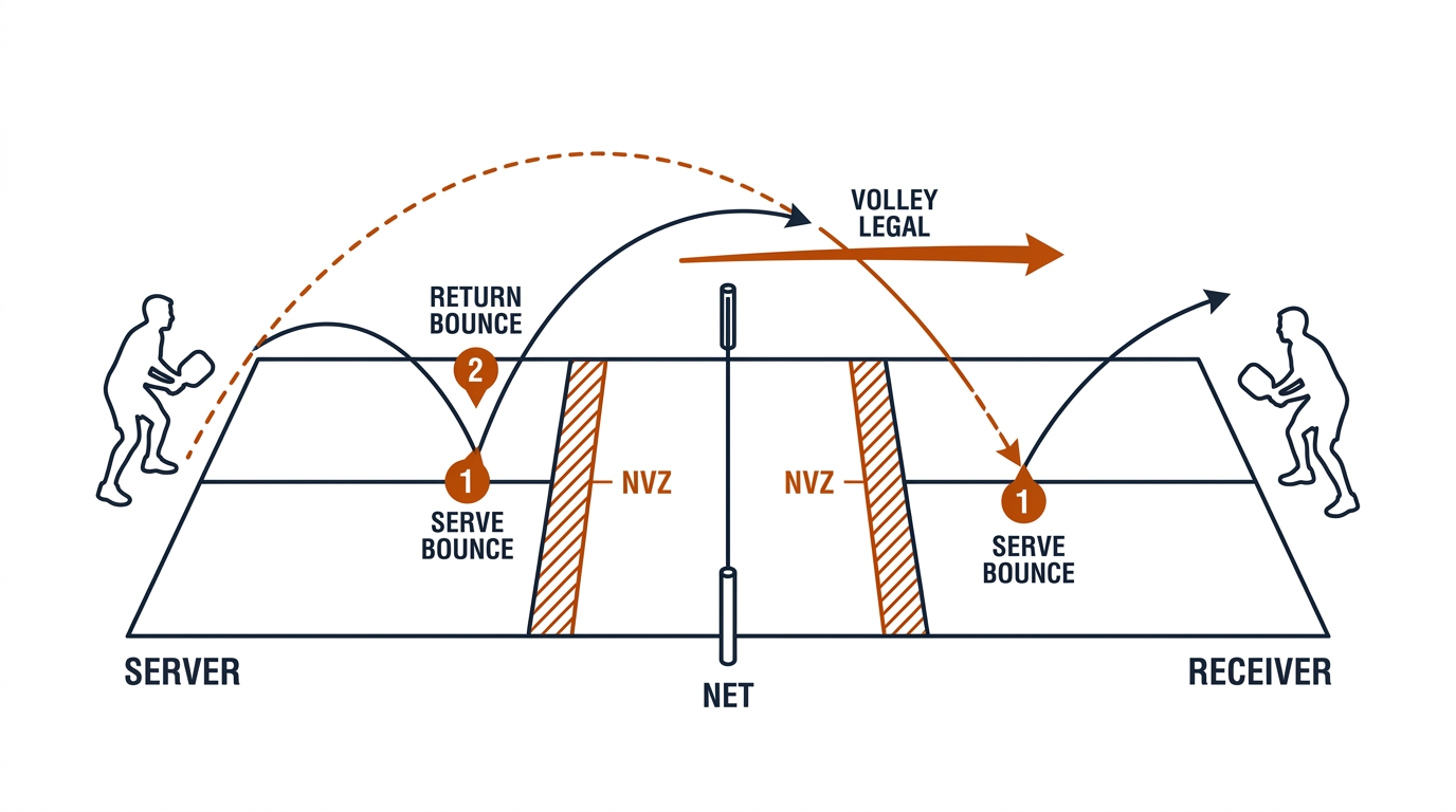 Side-view diagram of the pickleball double-bounce rule: serve arc bouncing once in the receiver box (marker 1), return arc bouncing once on the server side (marker 2), then a flat arrow labelled volley legal, with hatched NVZ bands beside the net.