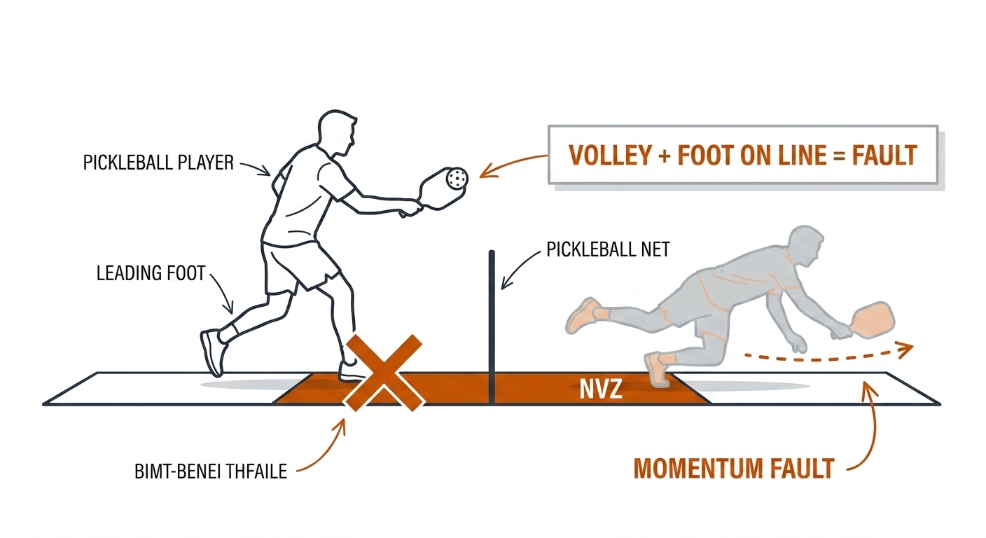 Side-view diagram of the NVZ foot-fault rule: a player silhouette mid-volley with the front toe touching the NVZ line marked with a burnt-orange X, a logic box reading volley plus foot on line equals fault, and a faded silhouette falling forward after contact labelled momentum fault.