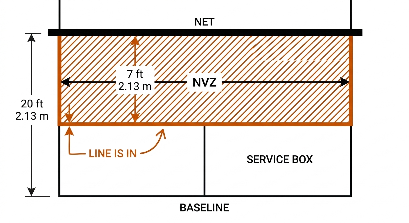 Top-down diagram of a pickleball court half: the NVZ as a burnt-orange hatched 7 ft band, the 2-inch NVZ line drawn in orange with the callout line is in, dimension arrows 7 ft and 2.13 m, net as a black bar, centreline dividing two service boxes.