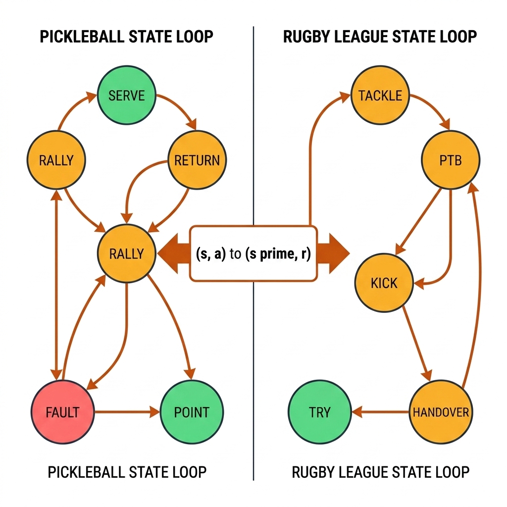 Split-panel concept diagram: left panel a pickleball rally loop with states serve, return, rally, fault, point connected by burnt-orange arrows; right panel a rugby league set loop with states tackle, PTB, kick, try, handover connected by burnt-orange arrows; a shared centre box labelled (s, a) to (s prime, r).