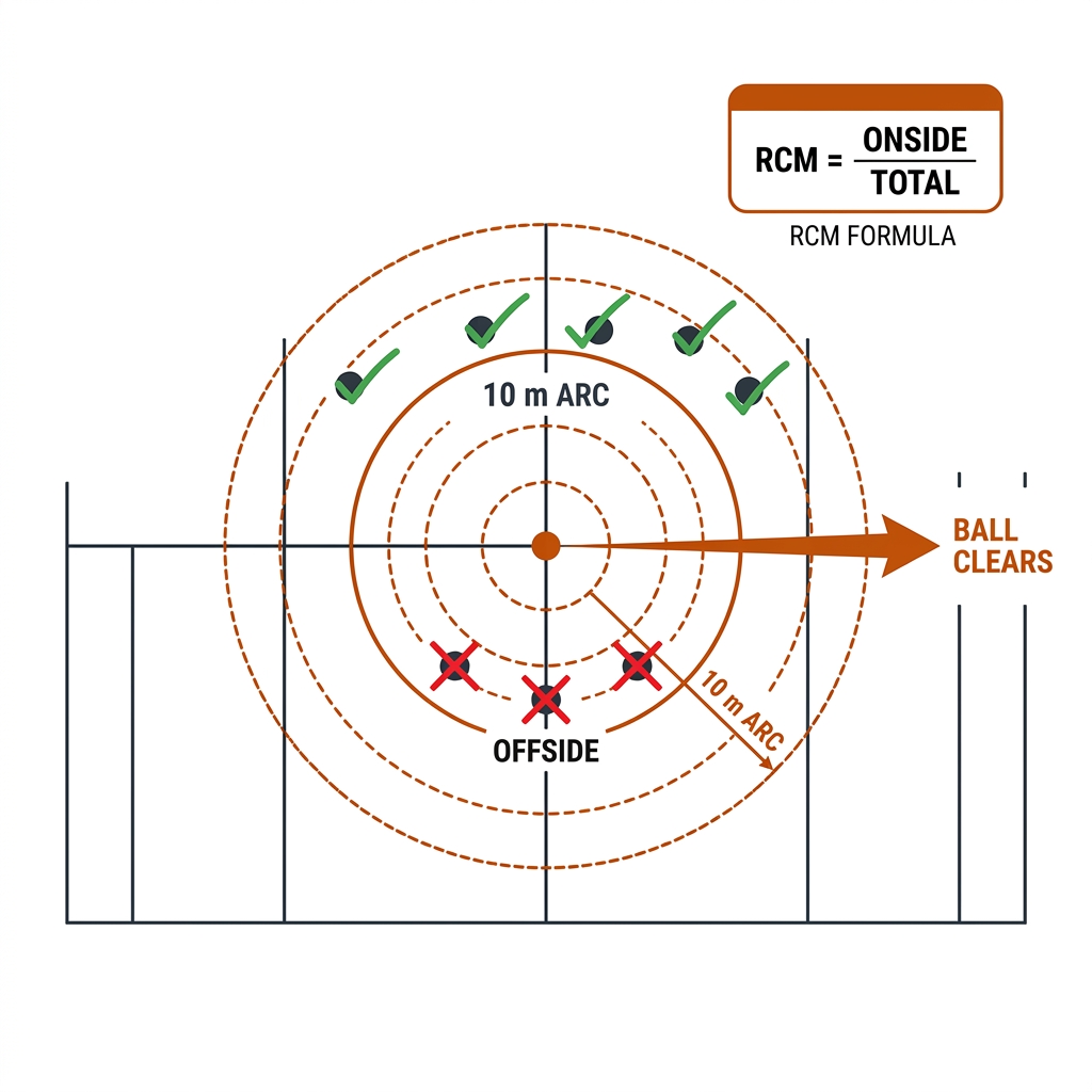 Top-down rugby pitch strip: the play-the-ball point as a burnt-orange dot, a dashed 10 m retreat arc, three defender dots inside the arc crossed out and labelled offside, four beyond the arc ticked and labelled onside, a formula box RCM equals onside over total, and a ball-clears arrow.