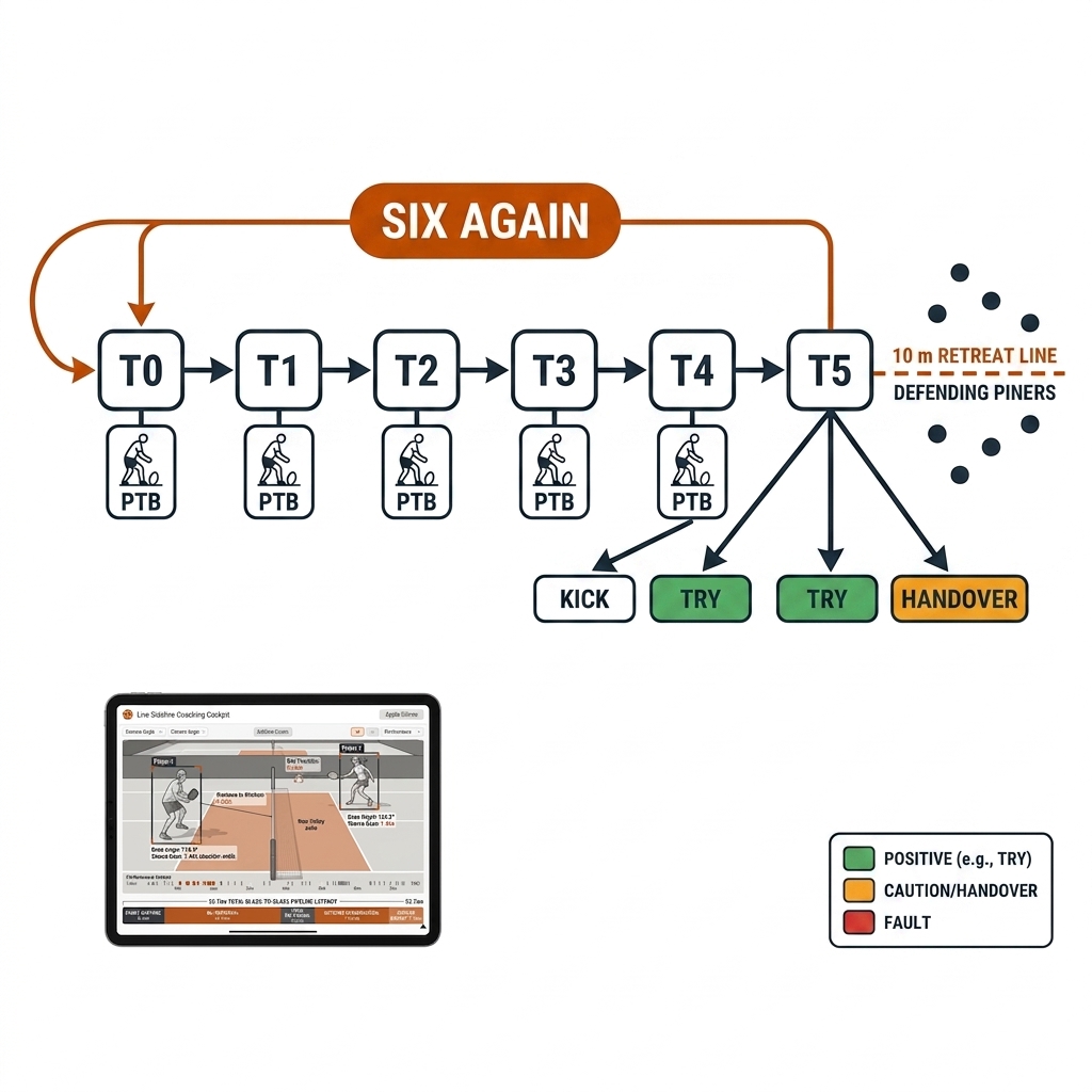 Six-tackle set grammar diagram: tackle nodes T0 to T5 joined by arrows, play-the-ball icon under each node, a burnt-orange six-again loop back to T0, branches from T4 and T5 to kick, try, and handover terminals, and a dashed 10 m retreat line with defender dots.