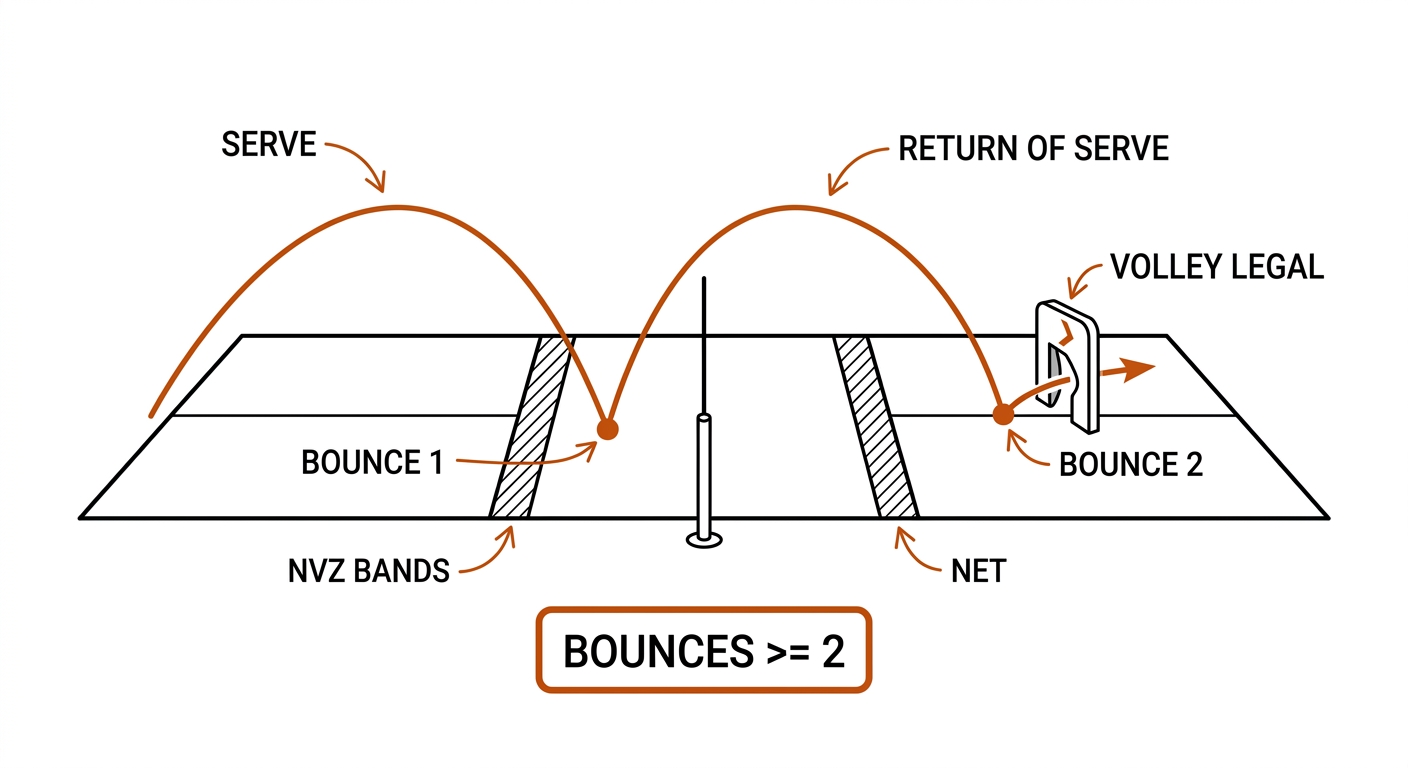 Double-bounce predicate as a two-event gate: bounce one on the serve, bounce two on the return, then the volley gate opens; counter box bounces greater-or-equal two.