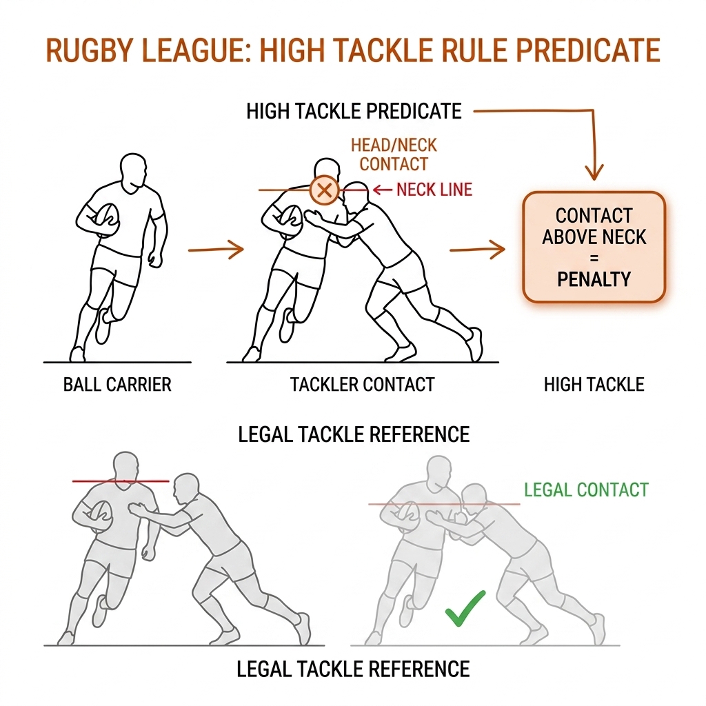 High-tackle predicate: tackler contact point at the neck flagged against a shoulder-height threshold line; legal contact below the line ticked.