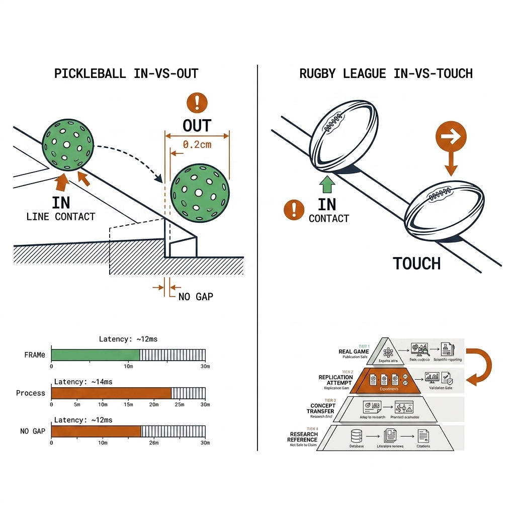 Out-of-bounds predicate in both sports: pickleball line-gap test in versus out; rugby league touchline with ball in versus in touch.