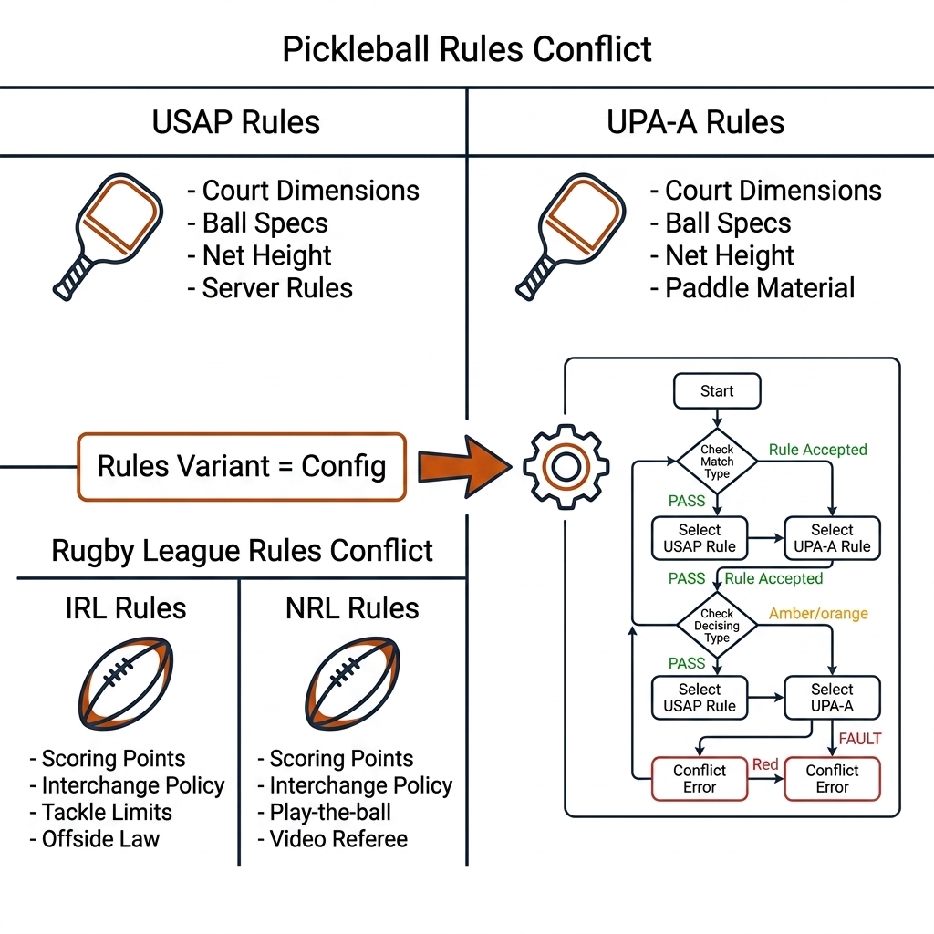 Rules conflict resolution: USAP versus UPA-A and IRL versus NRL variant table feeding a rules-variant config box into the state machine.