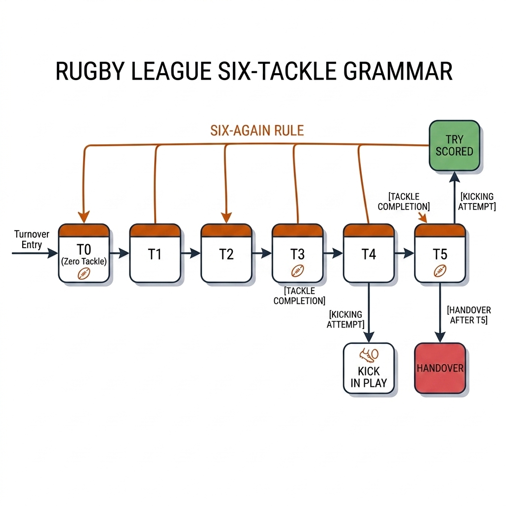 Expanded six-tackle set grammar state machine: nodes T0 to T5, six-again loop, zero-tackle entry, kick try and handover terminals with guard conditions.