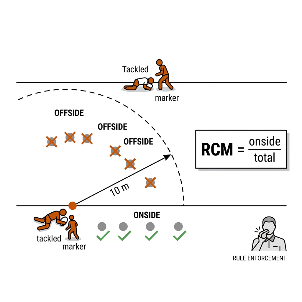 Expanded 10 metre retreat predicate: dashed arc around the play-the-ball mark, offside defenders crossed inside, onside defenders ticked beyond, sampled at ball-clears-ruck.
