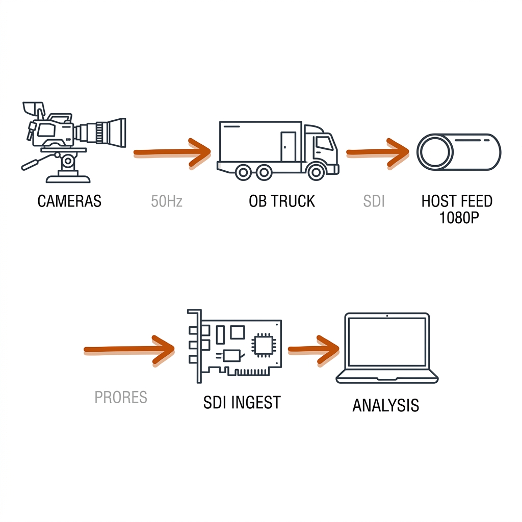 Rugby league broadcast chain: stadium cameras feed an OB truck, host feed 1080p at 50Hz leaves via SDI, capture card ingests, laptop transcodes to ProRes for analysis. Recreate: white background, black glyphs, burnt-orange flow arrows.