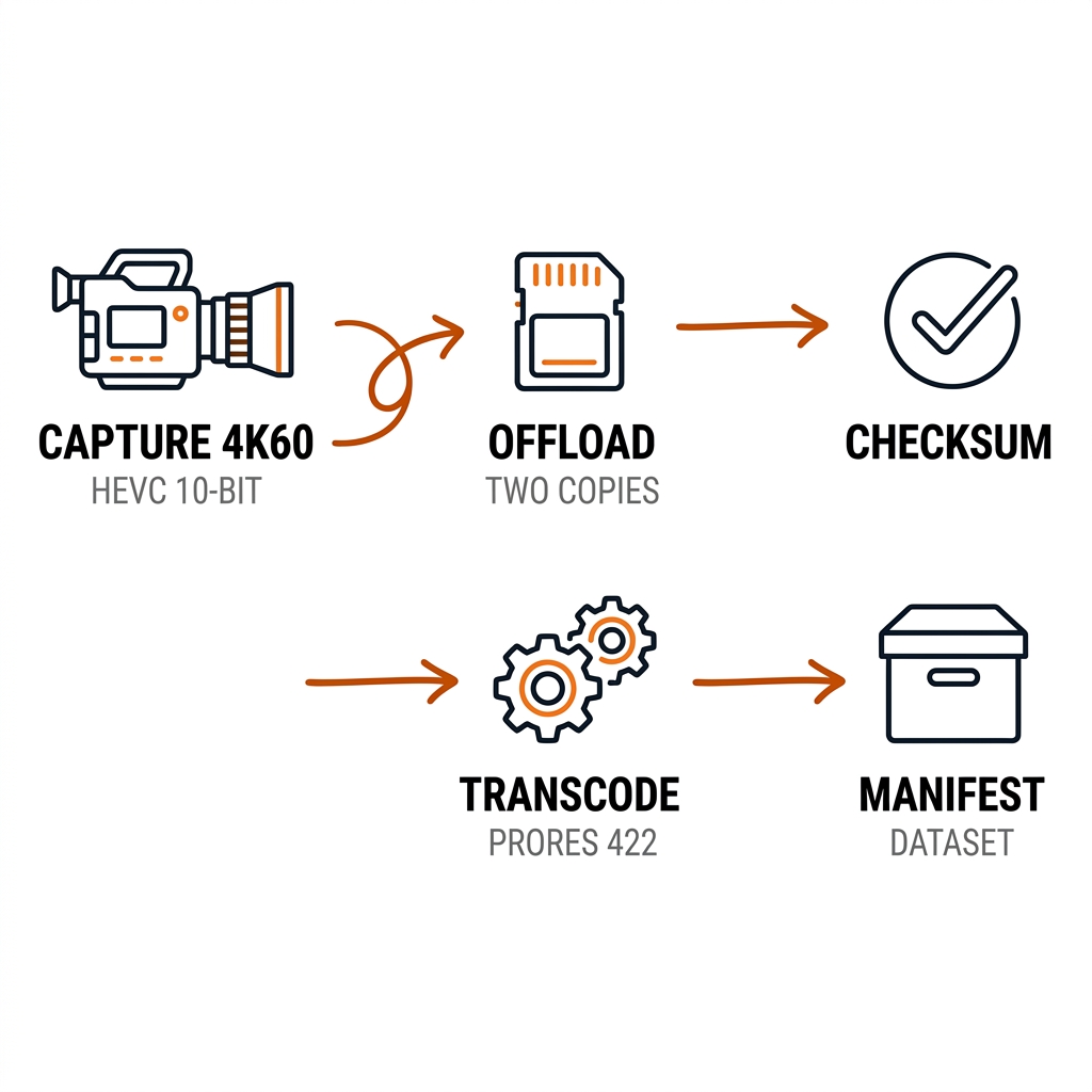 Capture-to-ingest pipeline: five stages — capture 4K60 HEVC 10-bit, offload with checksum, transcode to ProRes 422, manifest, dataset — connected by burnt-orange arrows. Recreate: white background, black glyphs, burnt-orange connectors.