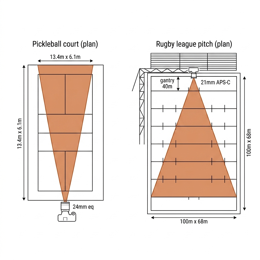 Two-panel plan-view FOV comparison: pickleball court 13.4m x 6.1m with a narrow 24mm-equivalent frustum from behind the baseline vs rugby league pitch 100m x 68m with a wide frustum from a broadcast gantry 40m back at 21mm APS-C. Recreate: white background, black engineering lines, burnt-orange frustums.