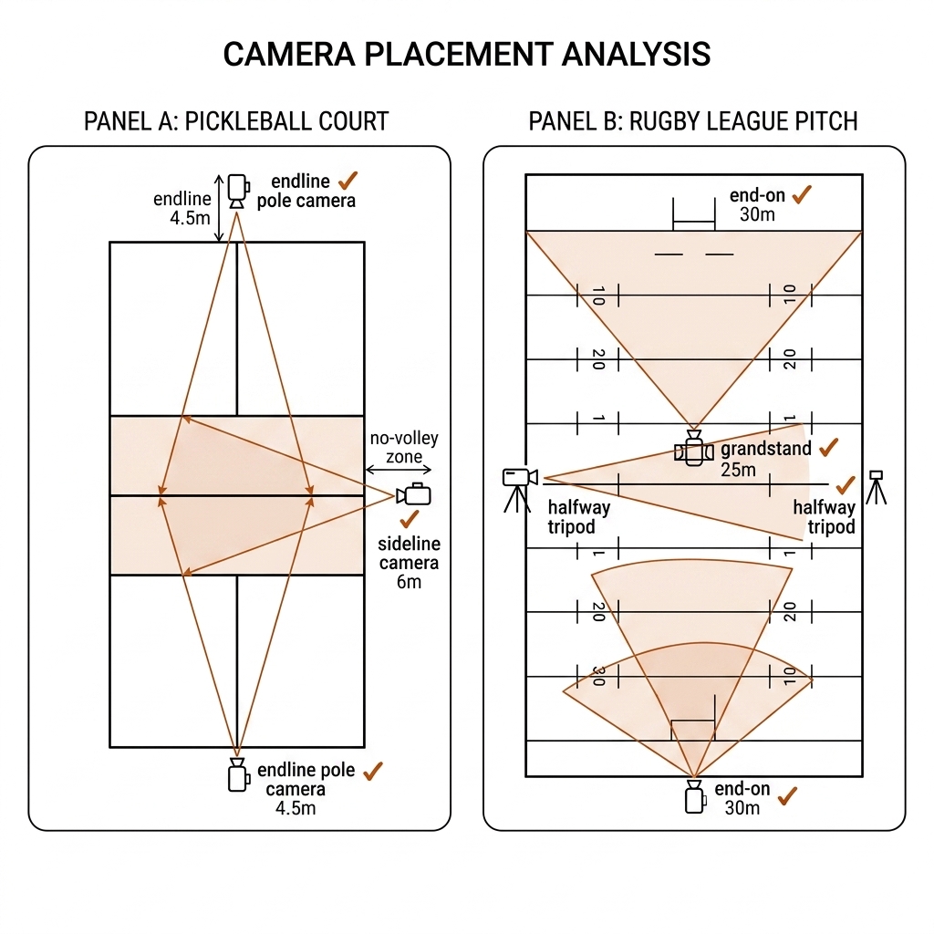 Two-panel camera placement diagram: pickleball court with endline pole camera at 4.5m and sideline camera at 6m; rugby league pitch with grandstand gantry camera at 25m on halfway, end-on camera at 30m, and halfway sideline tripod. Recreate: white background, black linework, burnt-orange sight-lines.