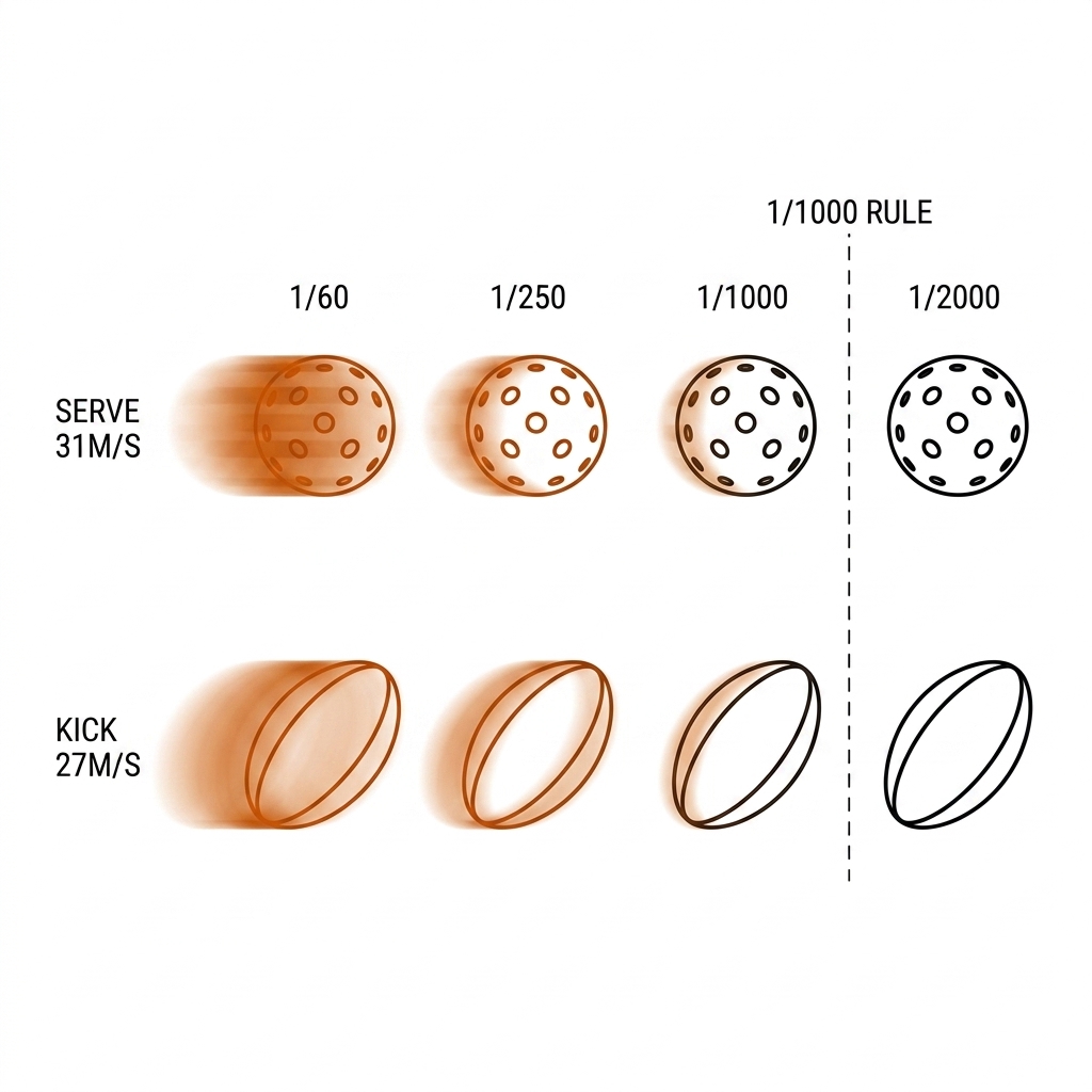 Motion blur comparison: pickleball serve at 31 m/s and rugby league kick at 27 m/s rendered as shrinking streaks at shutter speeds 1/60, 1/250, 1/1000, 1/2000. Recreate: white background, black ball outlines, burnt-orange streaks.
