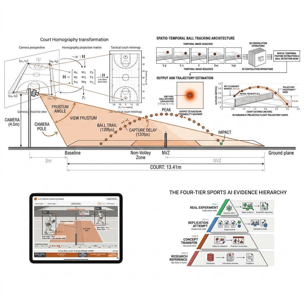 Side-elevation diagram of a pickleball court with a 4.5m pole camera 3m behind the baseline, frustum covering the full court, 120fps ball trail. White background, black linework, burnt-orange frustum.
