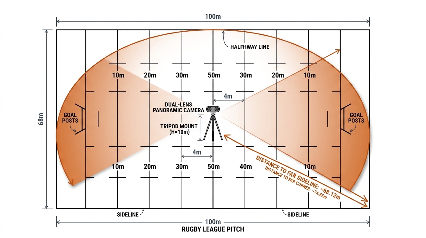 Plan view of a 100m by 68m rugby league pitch with a 180-degree panoramic camera at halfway, field-of-view arc covering the whole pitch with distance callouts. White background, black linework, burnt-orange arc.