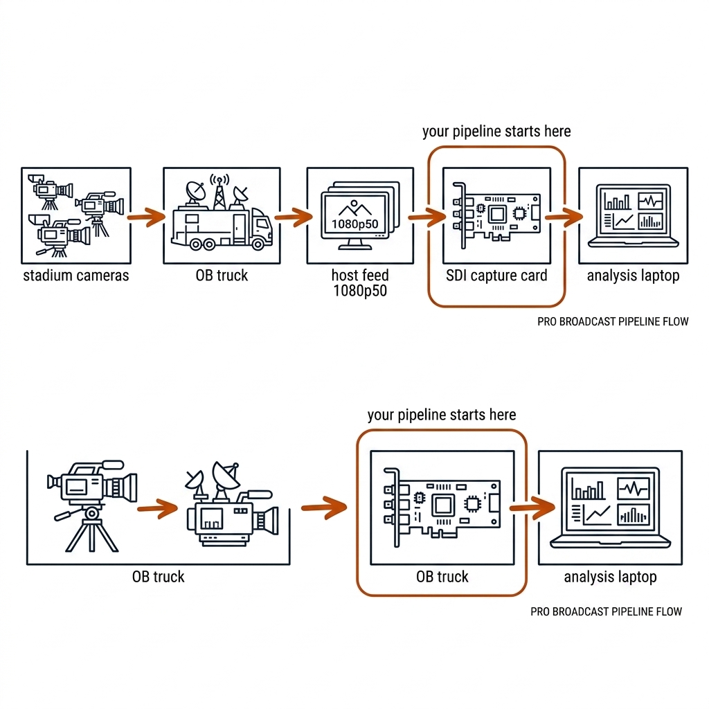 Flow diagram: stadium cameras to OB truck to 1080p50 host feed to SDI capture card to analysis laptop, with the capture card marked as the first controlled stage. White background, black glyphs, burnt-orange arrows.