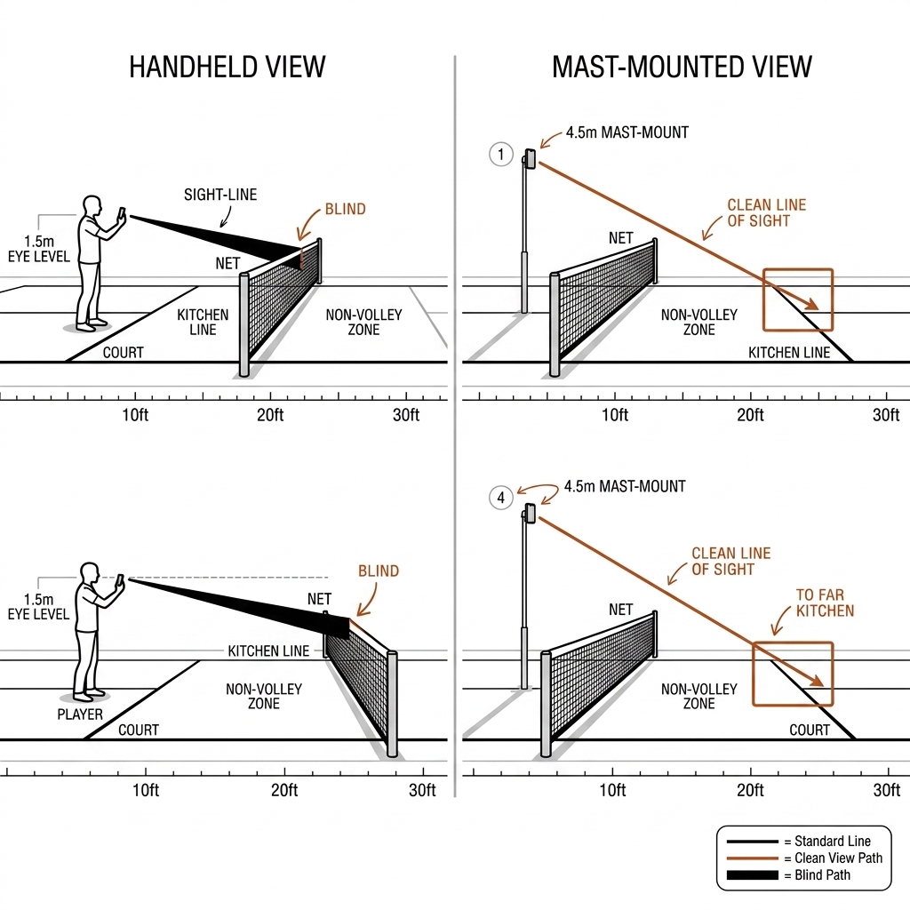 Two-panel pickleball side elevation: handheld phone at 1.5m with sight-line blocked by the net versus phone on a 4.5m mast with a clean sight-line to the far kitchen line. White background, black linework, burnt-orange sight-lines.