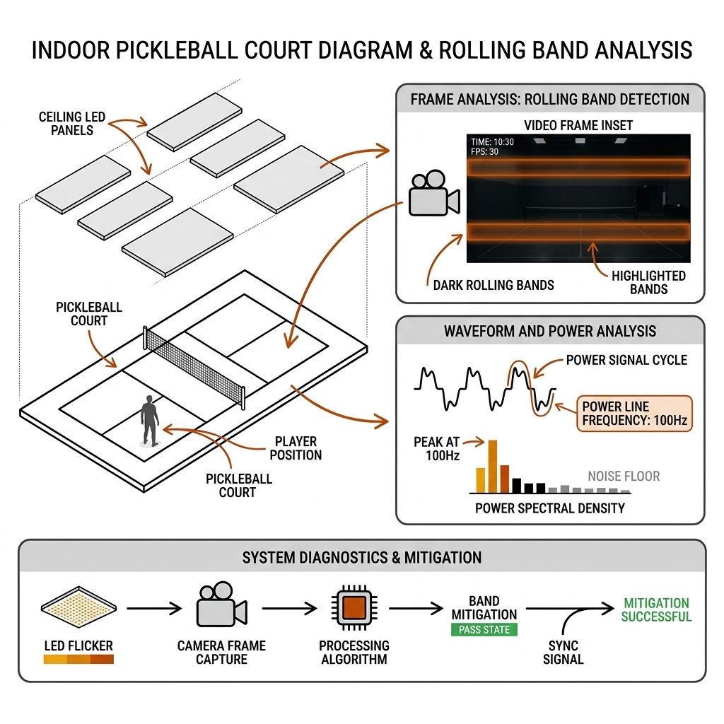 Indoor pickleball court under LED panels with a video frame inset showing dark rolling bands and a 100Hz flicker waveform. White background, black linework, burnt-orange band highlights.