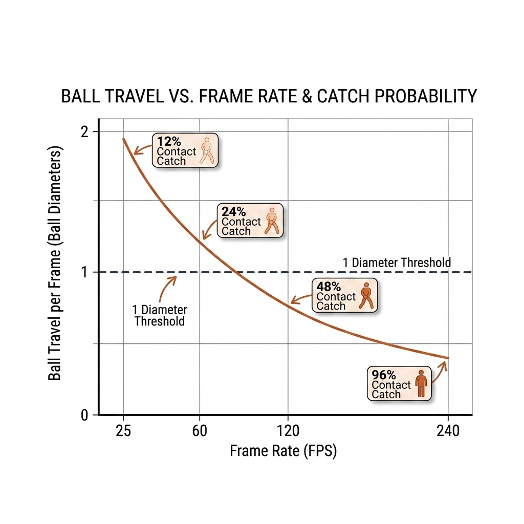 Chart of ball travel per frame in ball diameters versus frame rate 25 to 240 fps, falling curve crossing a one-diameter threshold with contact-catch probability annotations. White background, black axes, burnt-orange curve.