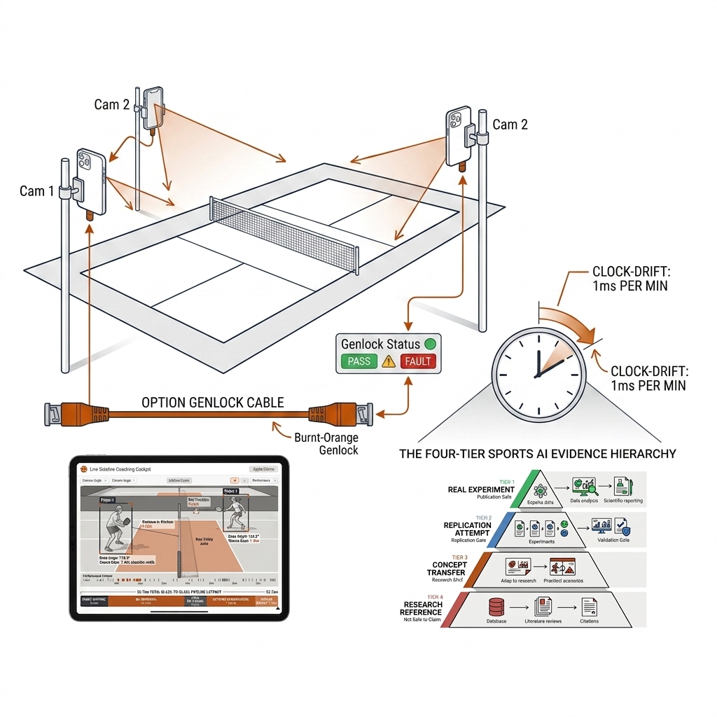 Two phone cameras on poles aimed at one pickleball court with aligned clap waveforms, a 1ms per minute drift arrow, and a genlock cable option. White background, black linework, burnt-orange sync pulses.