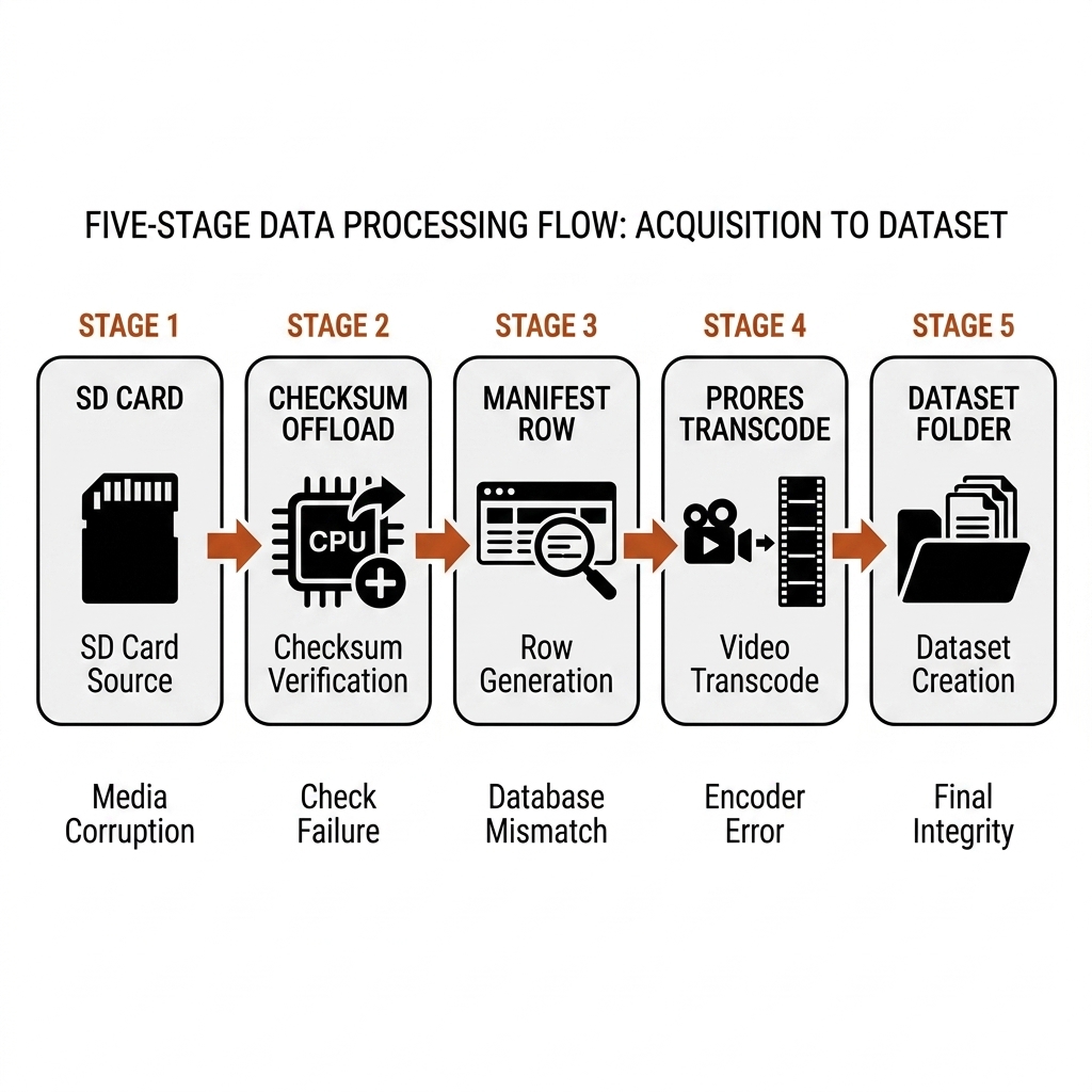 Five-stage flow: SD card, checksum offload, manifest row, ProRes transcode, dataset folder, each with a failure-mode caption. White background, black glyphs, burnt-orange arrows.