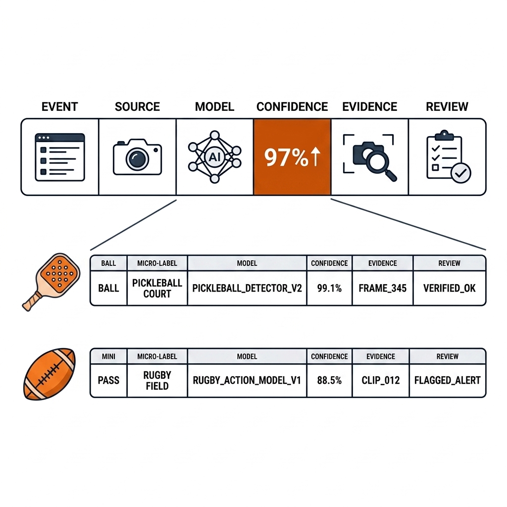 A data row exploded into six metadata cells: source, model, confidence, evidence, review, with burnt-orange accent.