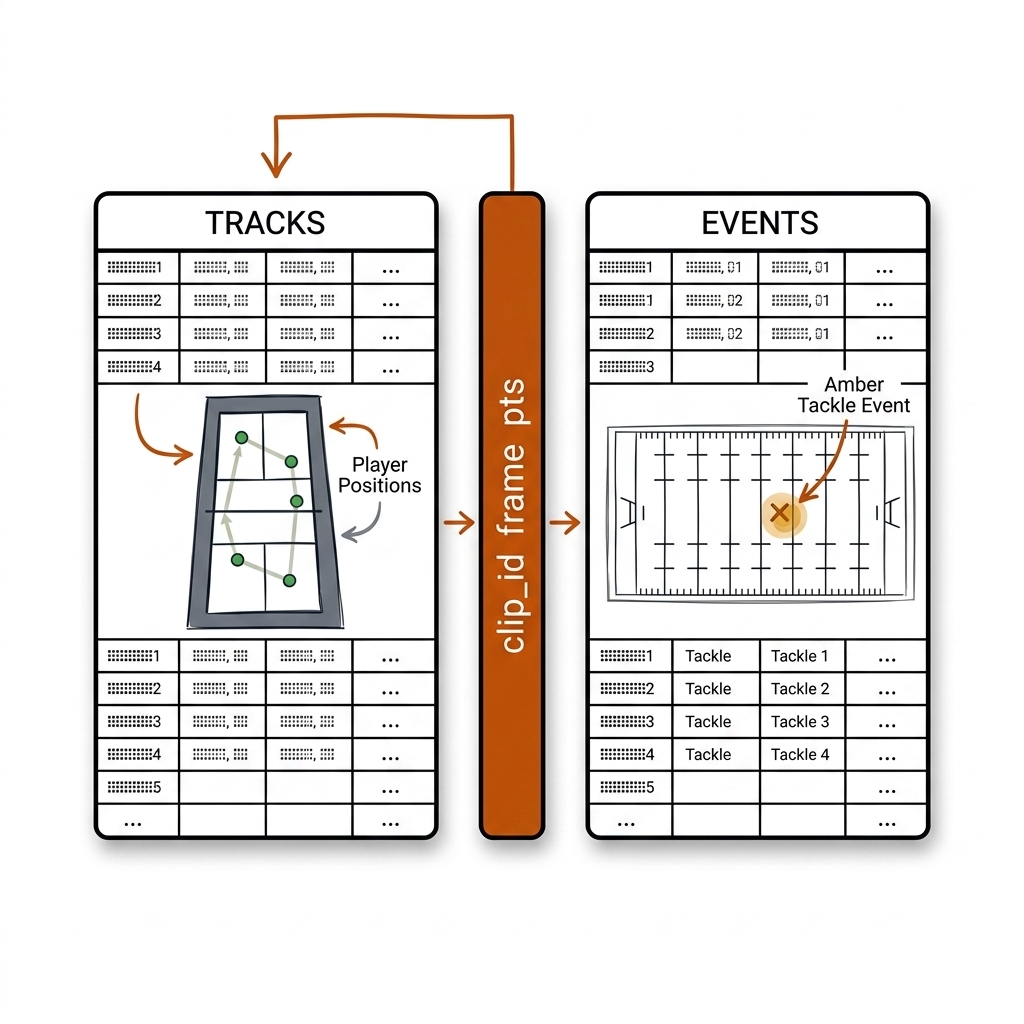 Two tables joined by a central burnt-orange key bar: tracks with a pickleball court sketch and events with a rugby pitch sketch.