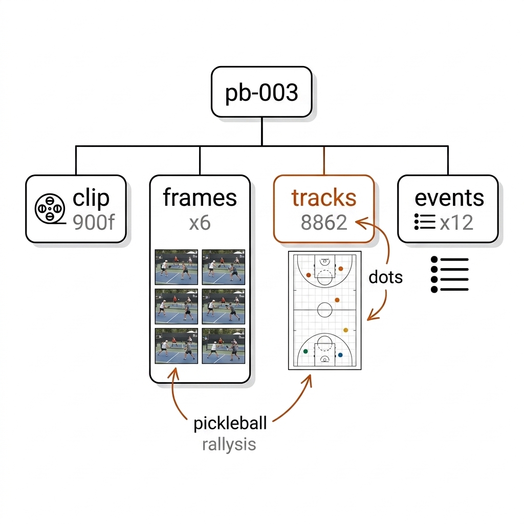 pb-003 dataset tree: root clip, 900 frames, six golden frames, 8,862 track rows, 12 event rows.