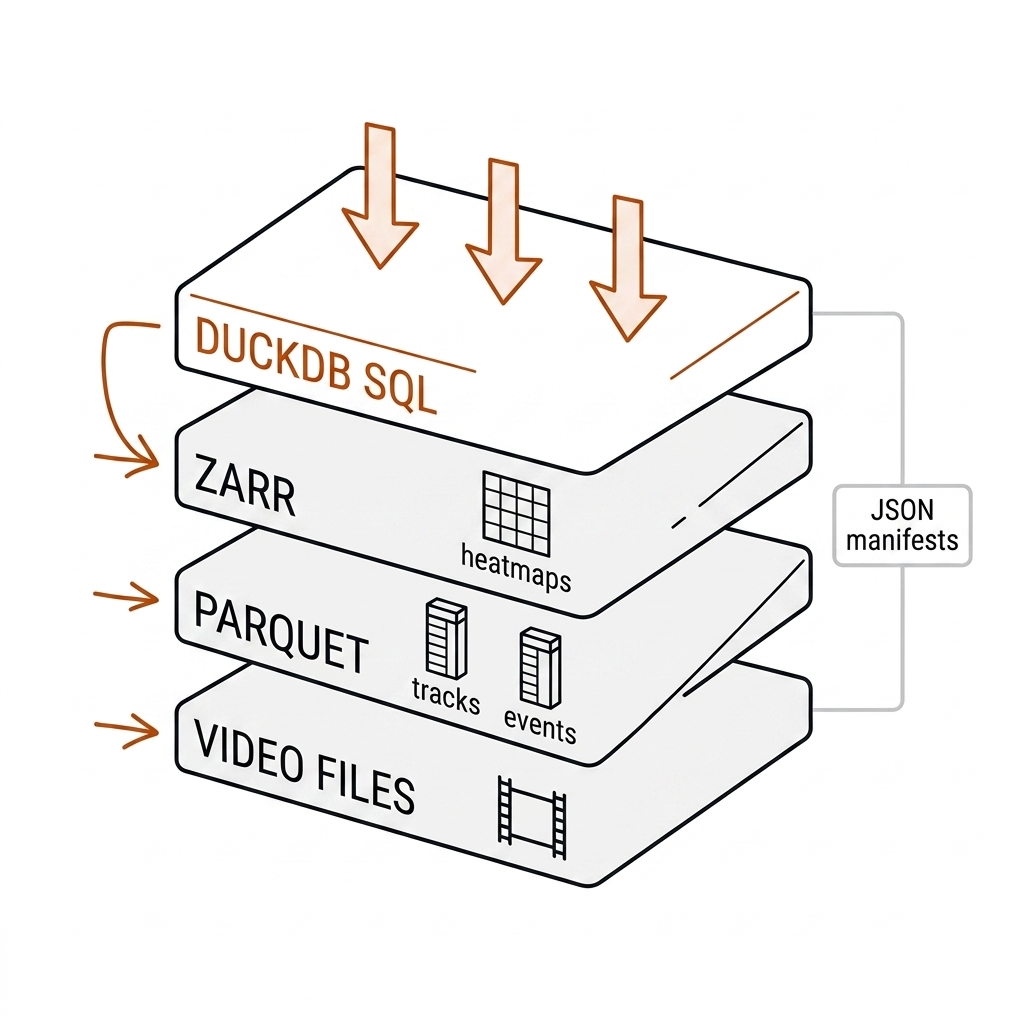 Four-layer storage stack: video files, Parquet tables, Zarr arrays, DuckDB SQL engine on top.