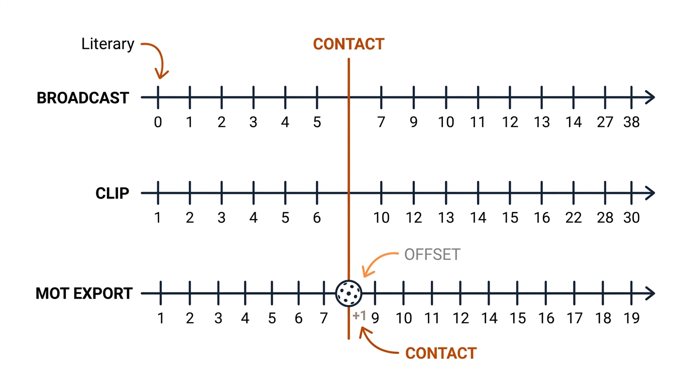 Three timelines broadcast, clip, MOT export with one vertical contact alignment line and pickleball ball glyph.