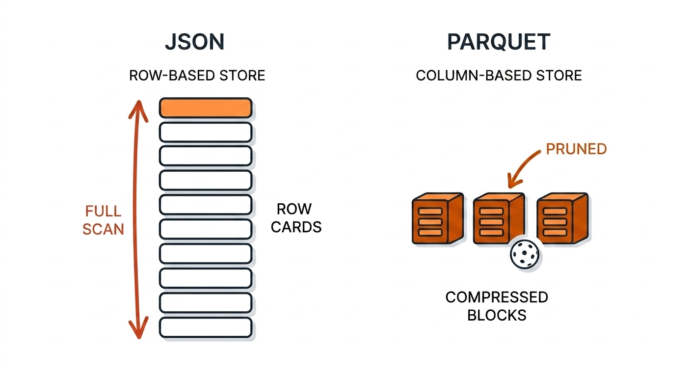 JSON full scan versus Parquet pruned column scan comparison with pickleball ball glyph.