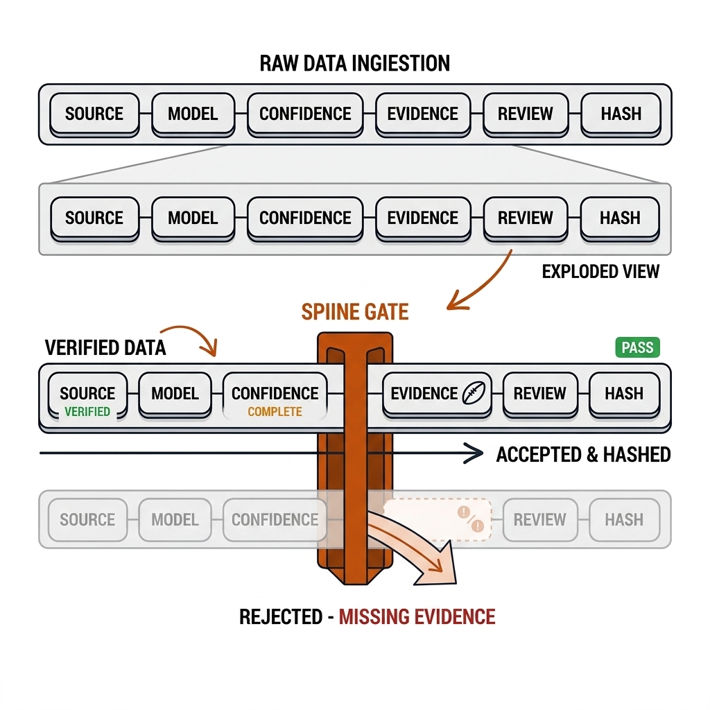 Data row exploded into six metadata chips with a spine gate rejecting a row missing evidence.