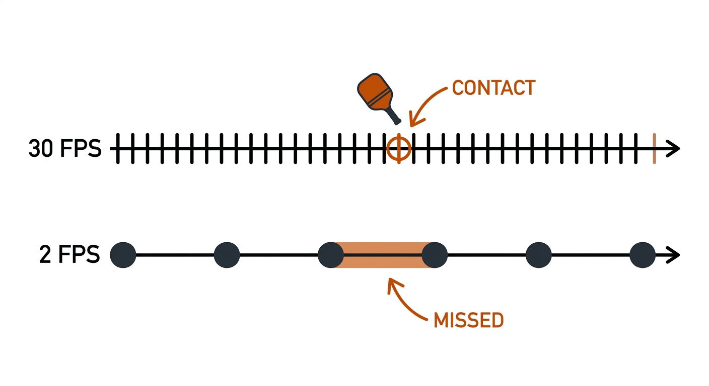 30fps dense timeline with contact tick versus 2fps sparse dots missing the contact in the gap.