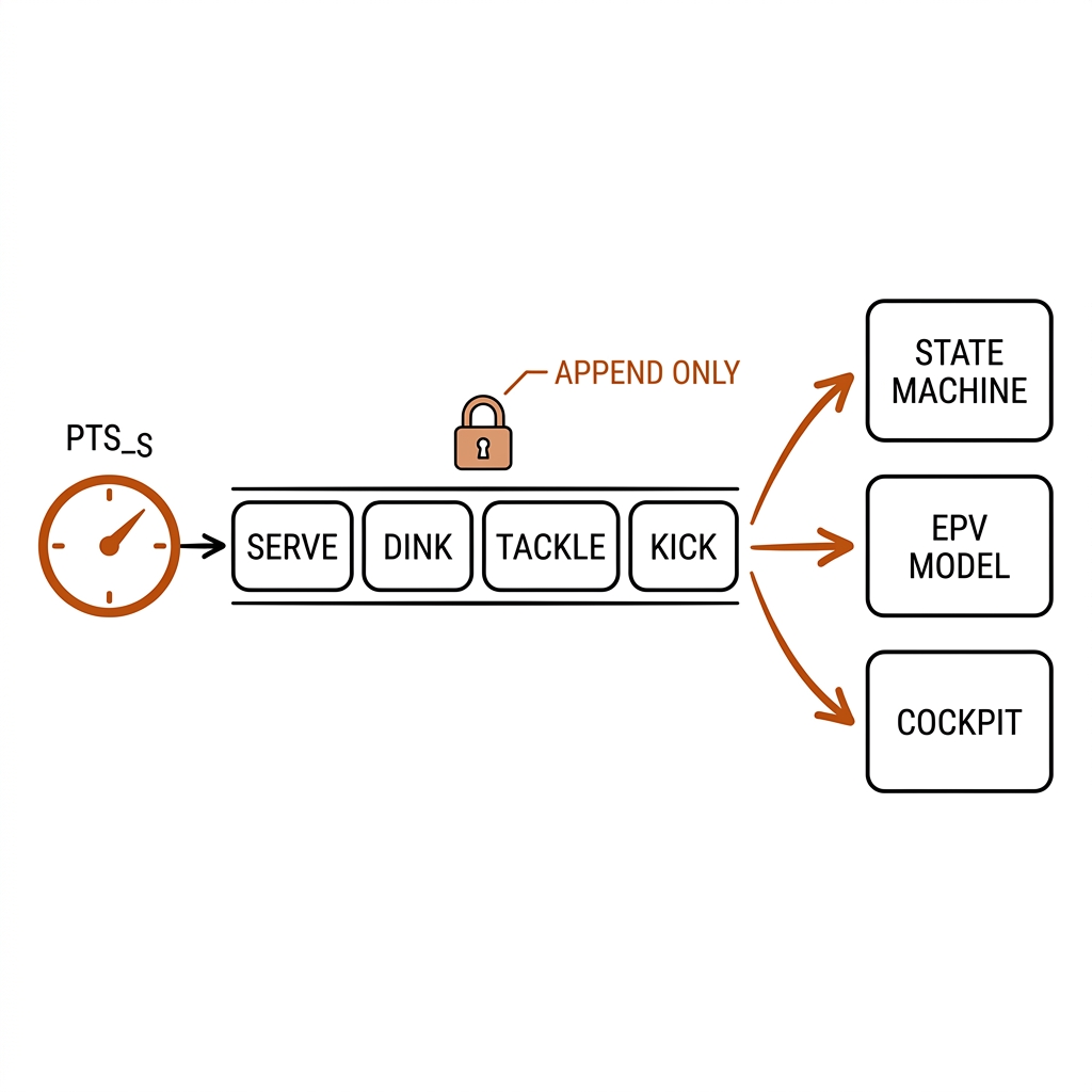 Append-only strip of event chips ordered by pts_s feeding state machine, EPV model, and cockpit.