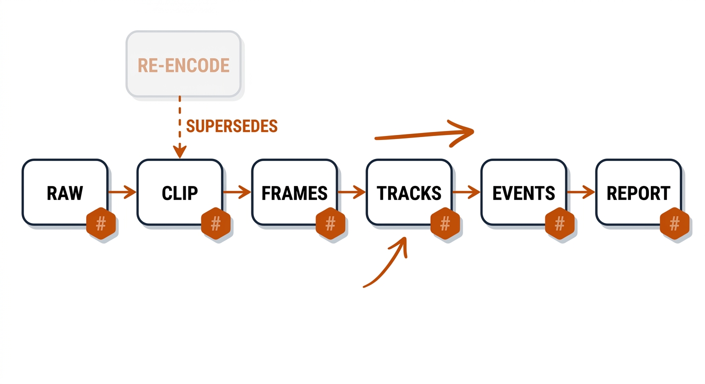 Provenance DAG from raw to clip to frames to tracks to events to report with hash badges and a supersedes edge.