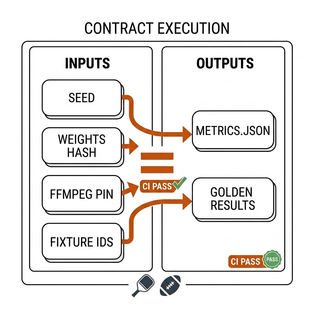 Reproducibility contract card with pinned inputs, outputs, equals sign, and CI pass badge.