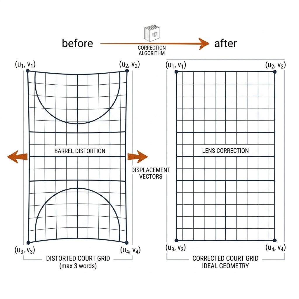 Two-panel distortion correction: left 'before' shows the pickleball court grid bowed outward with barrel distortion and burnt-orange edge displacement arrows; right 'after' shows the same grid corrected to straight lines. White background, black linework.