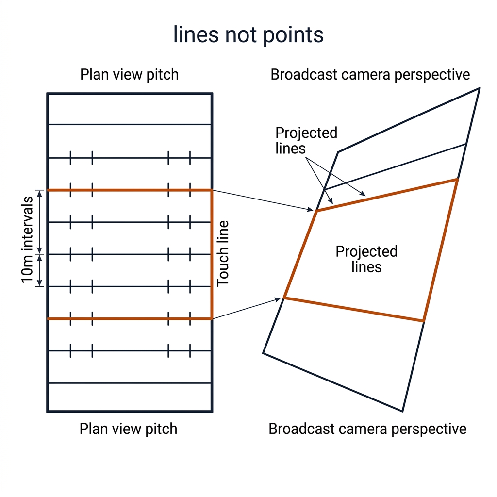 Line-based homography for a rugby league pitch: plan view of the 100 by 68 metre field with transverse lines every 10 metres, two transverse segments and one touch line highlighted in burnt-orange, mapped by correspondence arrows to a skewed broadcast-camera quadrilateral showing only those lines. White background, black linework.