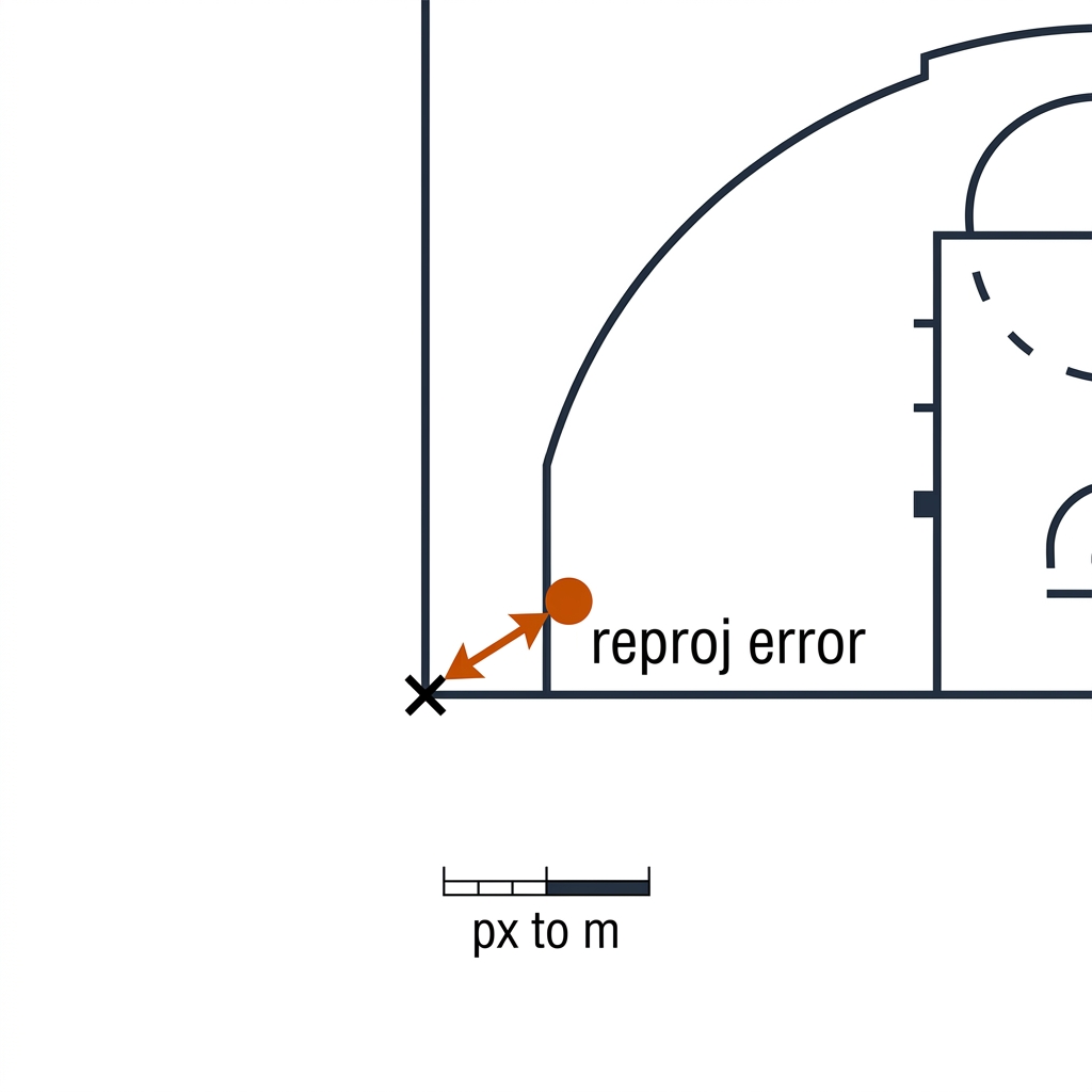 Reprojection error: true court corner as a black cross, reprojected corner as a burnt-orange circle slightly offset, double-headed error arrow between them, and a scale annotation converting pixels to metres. White background, black linework.