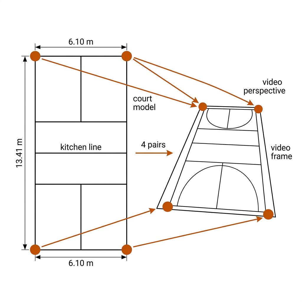 Four-point DLT on the pickleball court: plan-view court model with four burnt-orange corner dots beside the skewed perspective video frame with matching dots, correspondence arrows between them. White background, black linework, burnt-orange accents.