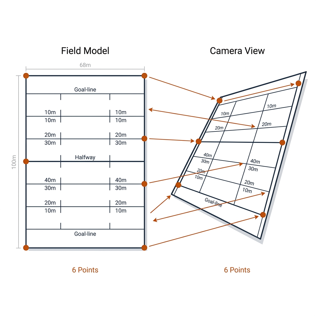 Six-point DLT on a rugby league pitch: plan-view field model with transverse lines every ten metres and six burnt-orange junction dots beside the skewed elevated-camera view with matching dots and correspondence arrows. White background, black linework.