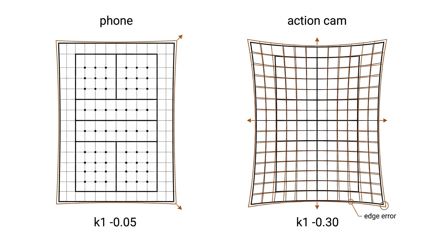 Two-panel lens distortion comparison on a pickleball court grid: phone class with nearly straight lines versus action-cam class with strong barrel bow and outward displacement arrows at the mid-edges. White background, black linework, burnt-orange distorted lines.