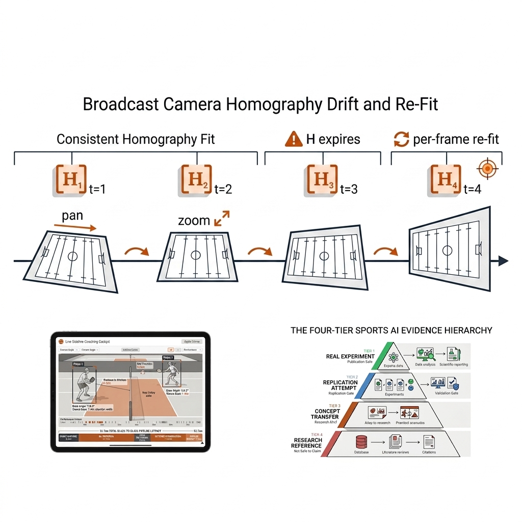 Broadcast PTZ re-calibration timeline: four skewed rugby pitch quadrilaterals in a row as the camera pans and zooms, each topped with a burnt-orange homography icon, drift arrows between frames. White background, black linework.
