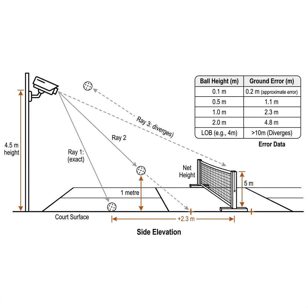 Side-elevation Z-limit diagram: camera at 4.5 metres, rays to a ball on the ground, a ball one metre up projecting 2.3 metres wrong, and a dashed ray to a lob near camera height diverging. White background, black linework, burnt-orange error markers.