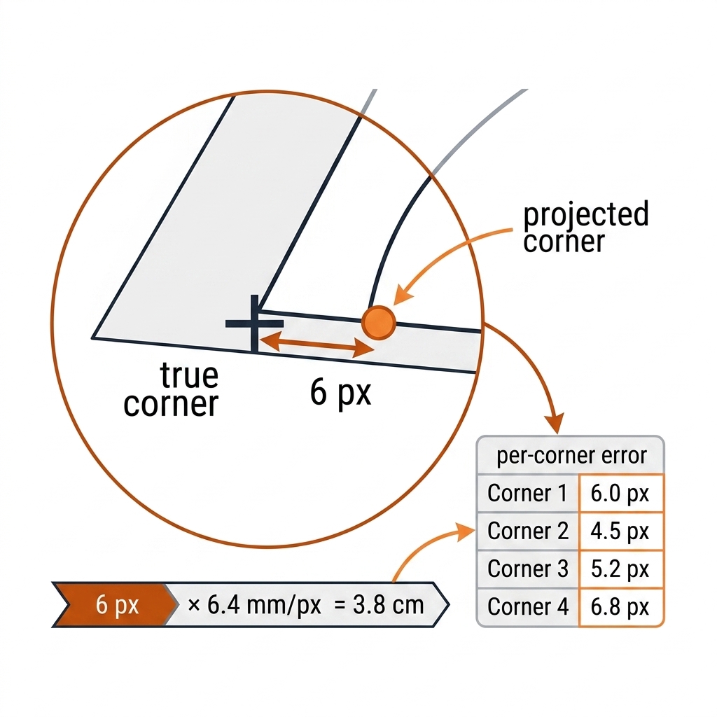 Reprojection error in metres: true court corner as black cross, reprojected corner as burnt-orange circle, six-pixel offset arrow converting through 6.4 millimetres per pixel to 3.8 centimetres, with a small per-corner error table. White background, black linework.
