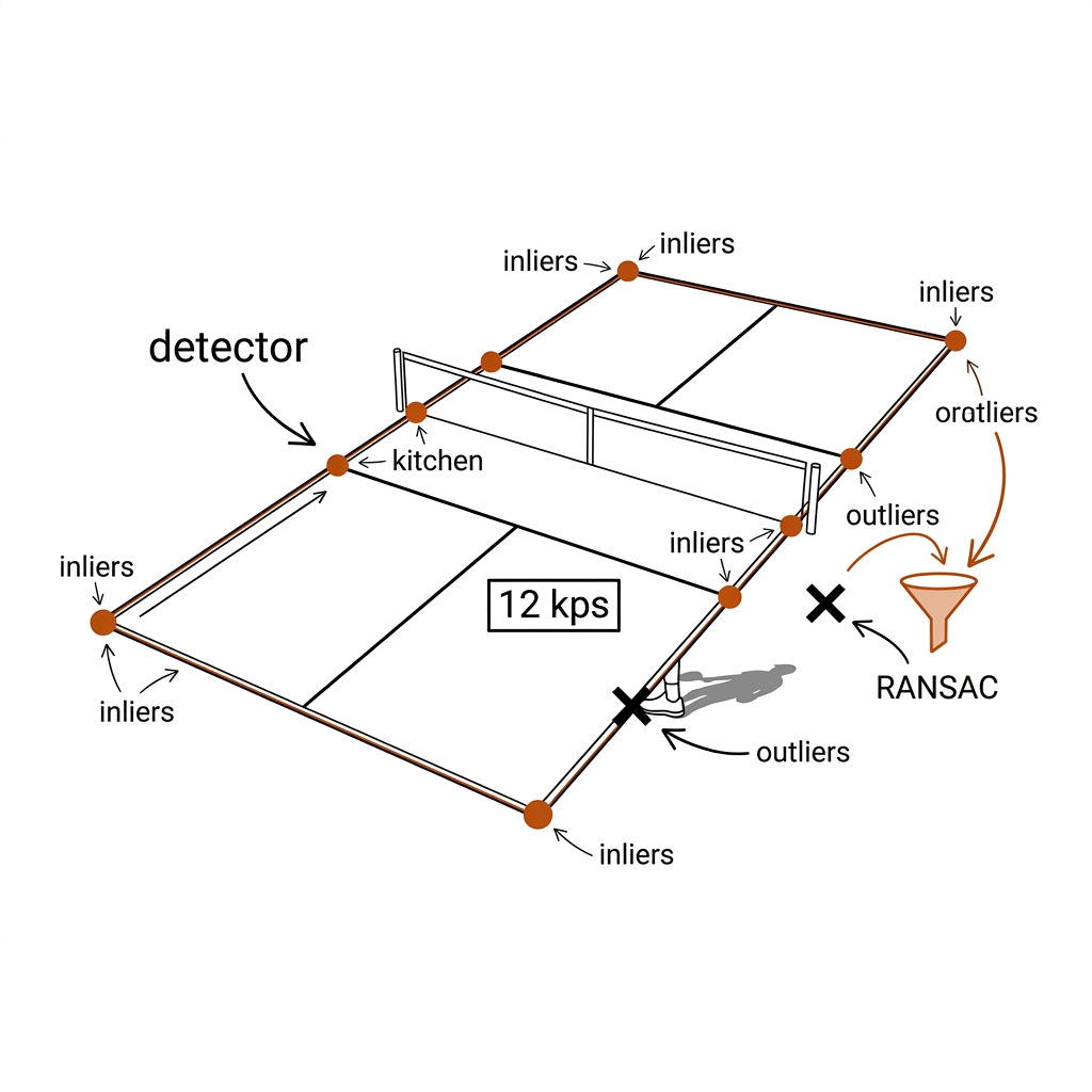 Automated court keypoint detection: perspective pickleball court frame with burnt-orange inlier dots at true junctions, black X marks at false detections, and a RANSAC funnel discarding outliers. White background, black linework.