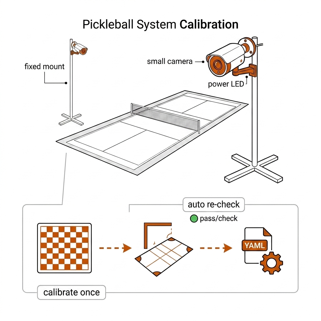 Low-cost network camera rig: a small bullet camera on a pole overlooking a pickleball court in perspective, with a dashed calibration flow below from chessboard to court corners to a stored config file. White background, black linework, burnt-orange accents.