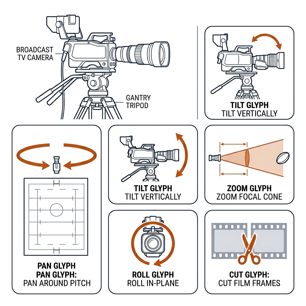 Five camera motion glyphs in a row: pan, tilt, zoom, roll, and cut, each with its axis arrow over a rugby pitch view.